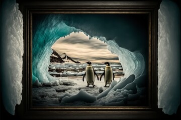 Penguins in an ice cave in the Antarctica, South Pole, illustration 