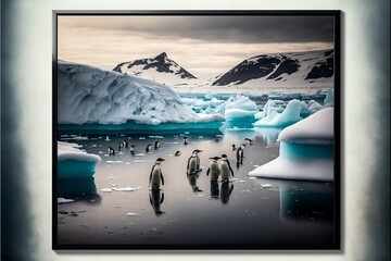 montage of images of winter in the South Pole with penguins 