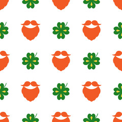 Seamless vector pattern with clover leaves, beards and mustaches. The St. Patrick's Day holidays backdrop. Colorful elements on the white. Background for cards, decoration, packaging design, and web.