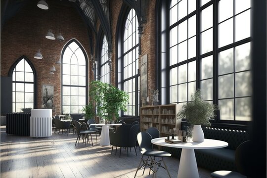 Modern And Scandinavian Loft Style Cafe House Interior With Exposed Brick Walls 