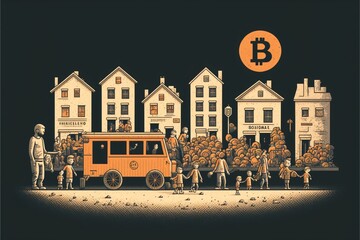 Des gens travaillant dans une société ou Bitcoin est une monnaie standard et accepté par tout le monde, crée par une IA générative