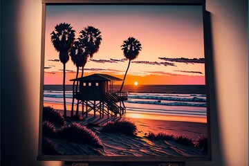 Sunset in the Californian beach with palm trees and baywatch 