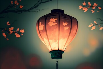 Obraz premium Chinese lantern floating in the air, with a blurred background, creating a dreamy or ethereal atmosphere, DIGITAL ART (AI Generated)