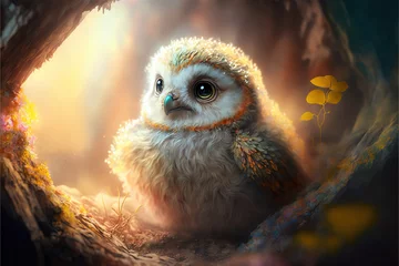 Wandcirkels aluminium Cute baby owl in a fantasy landscape, Generative AI © Dianne