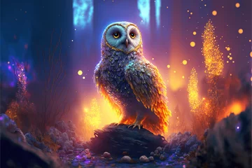 Fotobehang Glowing owl in a fantasy forest, Generative AI © Dianne