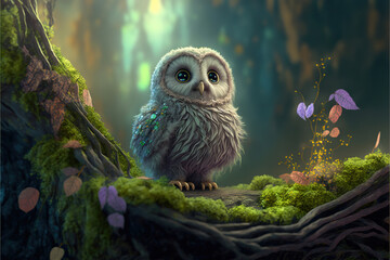 Adorable baby owl in a fantasy forest, Generative AI