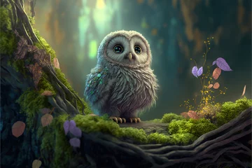 Poster Adorable baby owl in a fantasy forest, Generative AI © Dianne