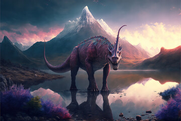 Ancient dinosaur in a fantasy landscape, Generative AI