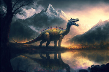 Beautiful dinosaur in a fantasy landscape, Generative AI