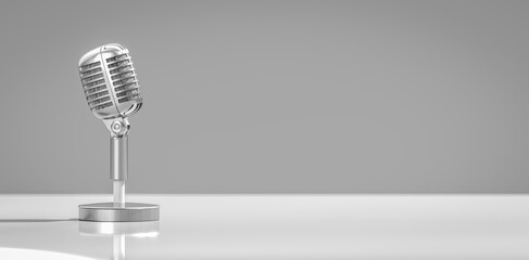 Retro microphone for press conference or interview on white table and grey background. copy space. high quality photorealistic 3d rendering - obrazy, fototapety, plakaty