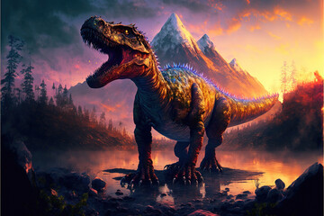 Ancient dinosaur in a fantasy landscape, Generative AI
