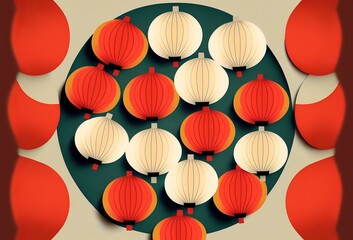 overhead shot of a group of Chinese lanterns arranged in a circular pattern, showing the symmetry and organisation of the decorations, DIGITAL ART (AI Generated)