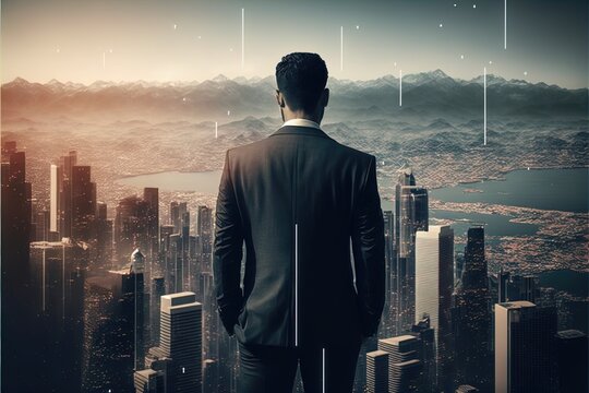 Businessman Standing On The Highest Point Of Skyscrapers, Overlooking Smart Line City. A Man In A Suit Looking Out Over A City. Generative AI.