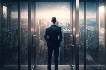 Fototapeta na wymiar Businessman standing in rising transparent elevator and looking the whole city. A man in a suit looking out over a city. Generative AI.