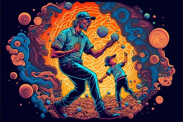 Un père et son fils jouant au baseball dans un monde psychédélique et plein de couleur, crée par une IA générative - obrazy, fototapety, plakaty