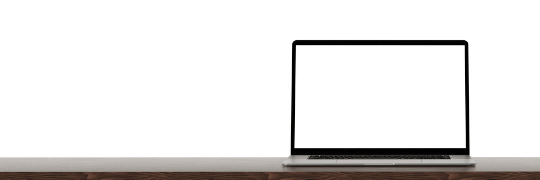 Laptop blank screen mockup on wooden table. wide web banner. Front view. copy space. 3D rendering