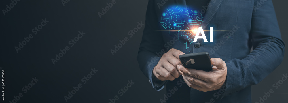 Poster businessman touching phone working of artificial intelligence ai. futuristic business and coding sof