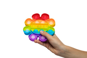 pokable bubbles toy, boy holding anti-stress fidget push pop it isolated on white background