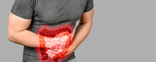 Intestinal inflammation. highlighted intestines. Irritable Bowel Syndrome. Abdominal pain man....