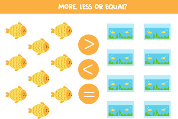 More, less or equal with cute cartoon fish and aquarium.