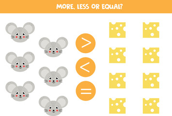 More, less or equal with cute cartoon mouse and cheese.
