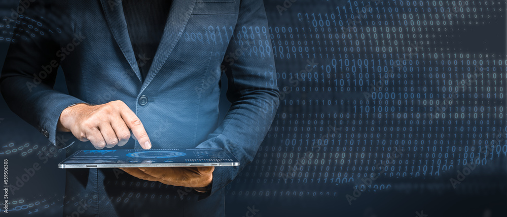 Poster digital transformation concept. system engineering. binary code. male specialist using tablet in big
