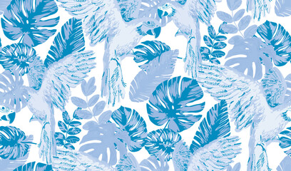 Fantastic flowers monstera leaves seamless pattern illustration. Ssuitable for fabric, mural, wrappingpaper, wallpaper