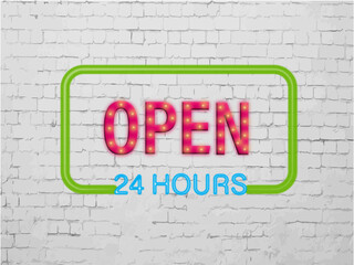 open 24 hours sign on a brick wall