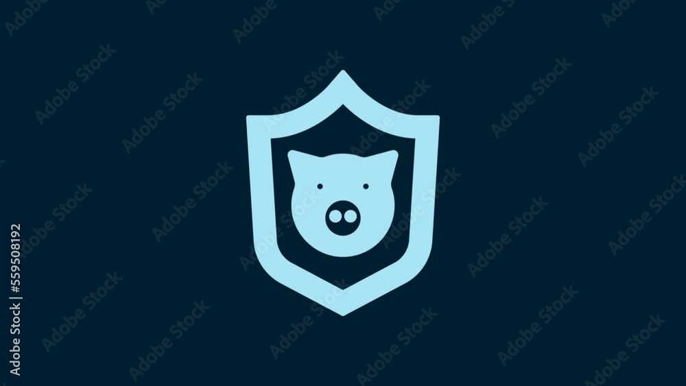 Poster white shield with pig icon isolated on blue background. animal symbol. 4k video motion graphic anima