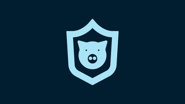 White Shield with pig icon isolated on blue background. Animal symbol. 4K Video motion graphic animation