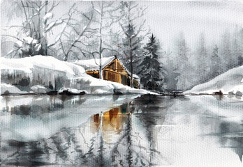 Watercolor winter landscape in achromatic tones.Нouse in  forest among fir trees and hills by  river.Reflection in  water.
