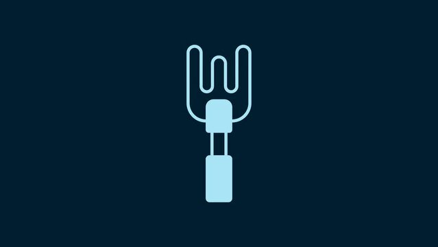 White Garden rake icon isolated on blue background. Tool for horticulture, agriculture, farming. Ground cultivator. Housekeeping equipment. 4K Video motion graphic animation