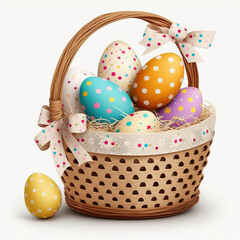Easter basket full of eggs, holly. Generative AI