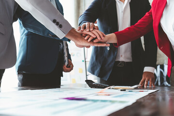 Close up Asian Business people stack of hands working together. Teamwork, Unity, business team...