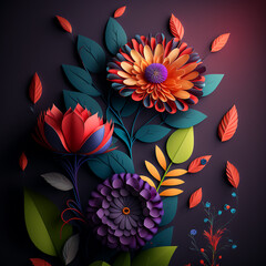 Fototapeta na wymiar Colorful Papercraft Flower art Dark Background, Beautiful Flower Design, Paper Craft Flower