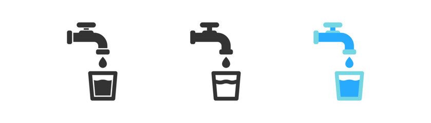 Water tap with waterdrop and glass of water. Blue water pour from tap to glass. Drinking water symbol.Colored flat design.