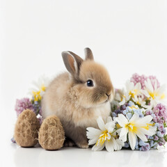 Easter bunny surrounded by spring flowers. Generative AI - obrazy, fototapety, plakaty