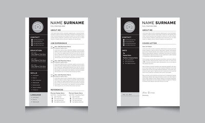 Black and White Resume CV Template and Cover Letter Layout Design