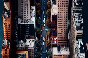Street in Big City. Bird Fly View. Illustration Generative AI