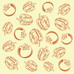 Vegetable pattern of bell peppers and tomatoes, vegetables, vector, illustration, bell pepper, tomato, contour, background, vitamins, pattern