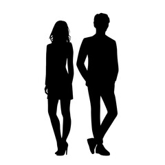 Vector silhouettes of  man and a woman, a couple standing   business people, black  color isolated on white background