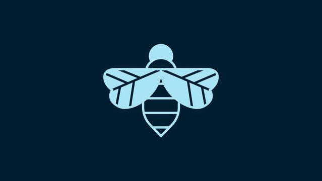 White Bee icon isolated on blue background. Sweet natural food. Honeybee or apis with wings symbol. Flying insect. 4K Video motion graphic animation