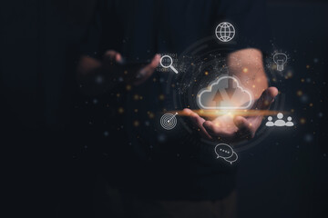 Cloud diagram shown on a man's palm. Cloud Data storage technology. Computing Technology Internet Network Concept and Big data.