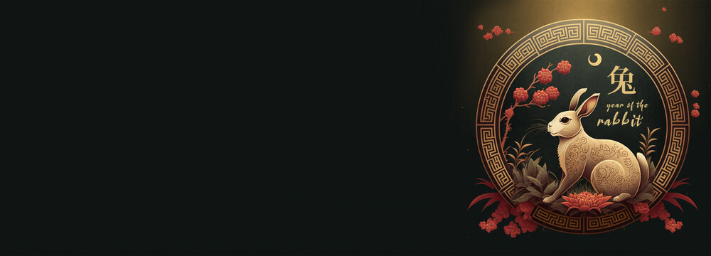 chinese new year 2023 party banner, beautiful ornate rabbit with blossoming flowers over a black background, lunar new year themed invitation, card or coupon template