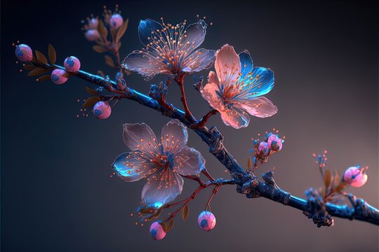 Beautiful spectral light pink peach blossom branch. Generative AI.