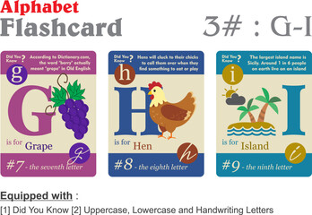 Flashcard alphabet G H I in 3 different color with information vector