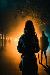 A defenseless woman alone in a foggy park at night is stalked by a group of men with malicious intent. The eerie atmosphere increases her vulnerability and danger, generative ai