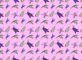 Seamless watercolor pattern with garden, wildflowers, and herbs elements on a pink background. Summer, spring, warm season. 