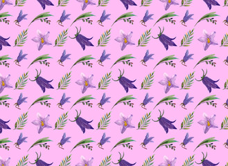 Seamless watercolor pattern with garden, wildflowers, and herbs elements on a  pink background. Summer, spring, warm season. 