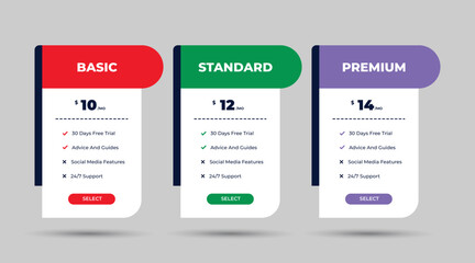 Pricing table in flat design style for websites and applications, infographic design